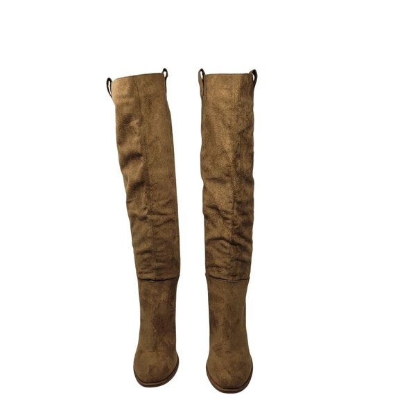 Oasis Society Vegan Faux Suede Knee-High Boots Sz 6.5 Tan Tall Heeled Riding - Picture 2 of 12